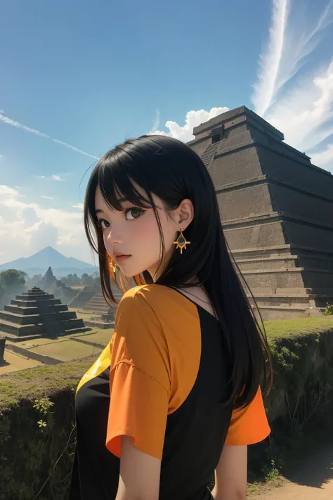 1girl, [ (designed by Richard Benning:0.9) and (Pieter Jansz Saenredam:1.1) and (Eiichiro Oda:1.1) ::2], horror art, masterwork Airbrush painting, masterpiece, landscape of a ([Indonesia|Nohwet Village]:1.3) in the distance there is The Pyramids of Teotihu...