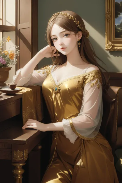 1girl, (baroque art by Willem Kalf:1.2) , still life art, artistic Pictorialism illustration, Golden ratio, Rule of Thirds, Muted Jade, Terracotta and Beige ([Brazil|Jordan]:1.3) from inside of a Swimming pool, it is very Tired and Natural, Purple fauna an...