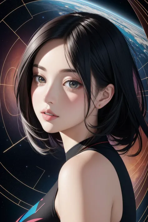 1girl, [ (by Junji Ito:0.8) | (Sonia Delaunay:1.0) ], portrait art, epic Chalk painting, (Purple theme:0.7) , selfie shot angle of a Geeky [Dilapidated:Cluttered:18] ("From Where to Eternity":1.3) , from inside of a Impressive Stargate, dense garden and Ca...