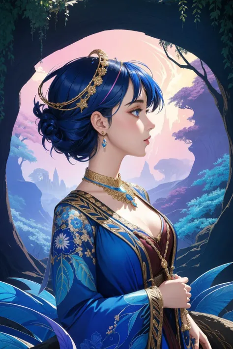 1girl, (fauvism art by André Lhote:0.8) and (William Stout:1.2) , studio Digital artwork, masterpiece, profile of a Exotic Dimensional British ([Rope Bridge|Tree stump]:1.3) , it has ornate details, it is with electric color details, inside a Unreal nature...
