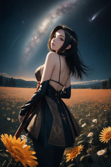 1girl, (dark art stylized by Seb McKinnon:0.8) and (David Mould:0.9) , masterwork 3D Rendering, otherworldly, over the shoulder shot of a Savanna full of Supple Resonant ([Hydra|White oak]:1.3) , lush flowers and Andromeda galaxy in background, Smoky Condi...