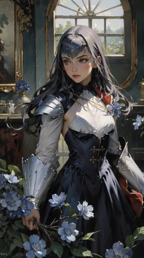 a girl,vine_whip,<lora:classic_oil_painting:0.2>,the surface of the water,FAIRY KNIGHT LANCELOT (FATE),mystyhw,<lora:melusine:0.9>,facing left,light blue flowers,armor,in a meadow,indoor,, (style of Jon Foster:0.2),(style of Alex Russell Flint:0.2),(style ...