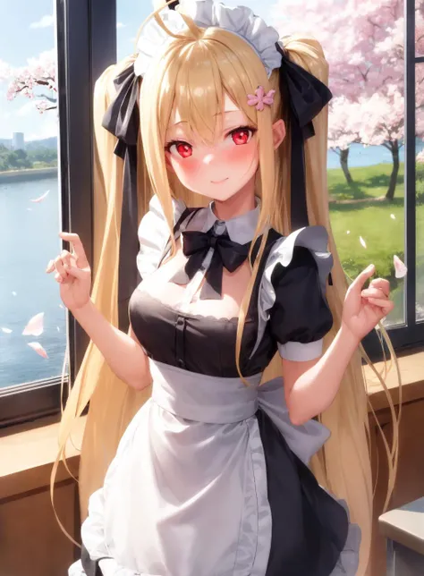 1girl, blonde hair, long hair, ribbon, red eyes, two side up, hair ribbon, hair ornament, black ribbon, ahoge, medium breasts, blush, very long hair, bangs, maid, looking at viewer,, classroom, open window, cherry blossoms, river