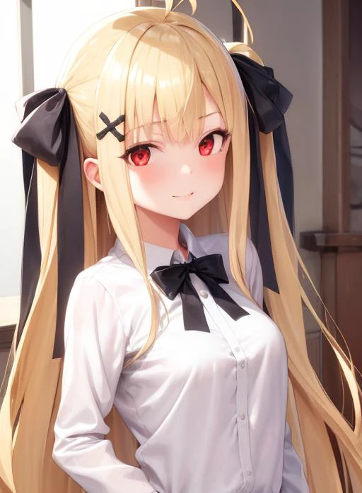 1girl, long hair, blonde hair, red eyes, very long hair, two side up, bangs, hair ornament, black ribbon, looking at viewer, ahoge, indoors, hair bow, sidelocks, shirt,