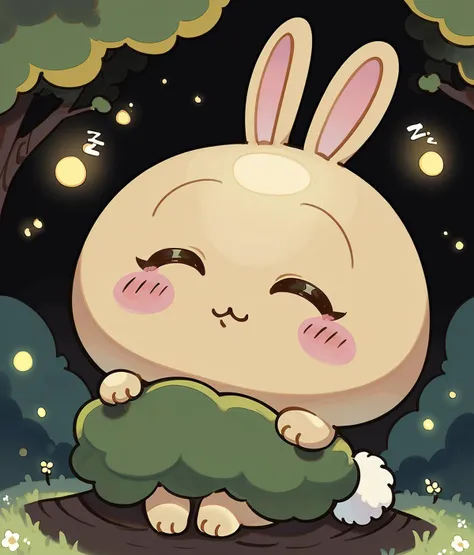 cartoon bunny holding a green leaf in a forest