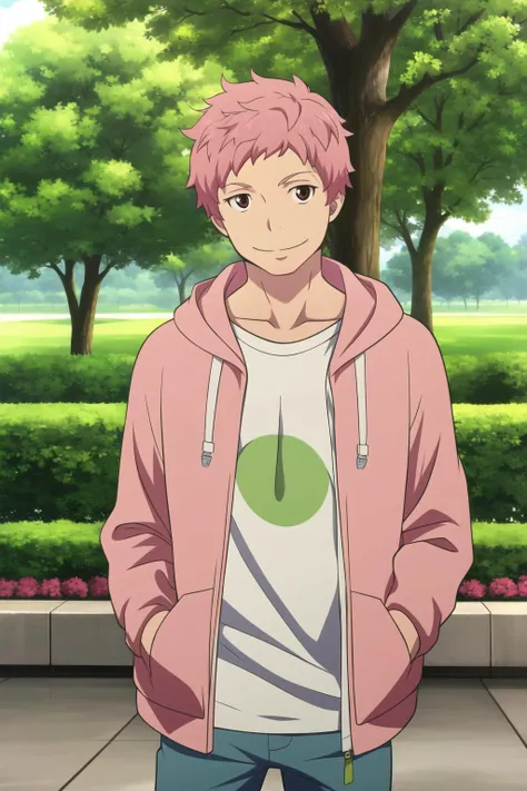 masterpiece, best quality, 1boy, renzou_shima, upper body, standing, looking at viewer, pink hair, brown eyes, light smile, (hooded jacket, white t-shirt), jeans, hands in pockets, park, tree,