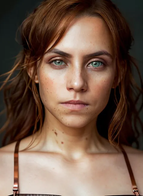 portrait of skswoman, hopeful , wearing couture , with copper Choppy layers , background prison epic (photo, studio lighting, hard light, sony a7, 50 mm, matte skin, pores, colors, hyperdetailed, hyperrealistic), <lyco:Aura GarridoV3:1.1>