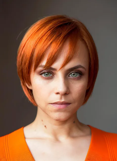 portrait of skswoman, frightened , wearing designer wear , with orange Lob (long bob) , background space epic (photo, studio lighting, hard light, sony a7, 50 mm, matte skin, pores, colors, hyperdetailed, hyperrealistic), <lyco:Aura GarridoV3:1.0>