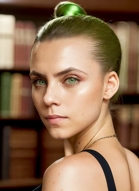 portrait of skswoman, bored , wearing luxury fashion , with green Ponytail , background library epic (photo, studio lighting, hard light, sony a7, 50 mm, matte skin, pores, colors, hyperdetailed, hyperrealistic), <lyco:Aura GarridoV3:1.1>