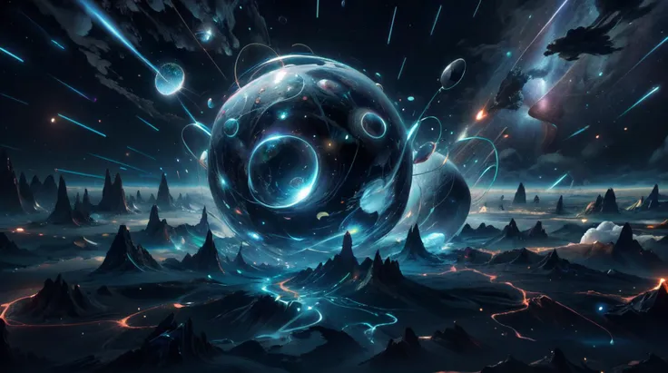 a futuristic space scene with a large sphere surrounded by stars