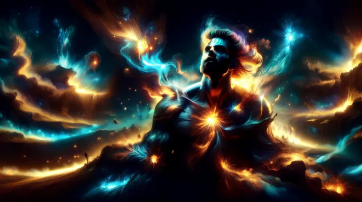 a man with a beard and a beardless face is surrounded by blue and orange flames