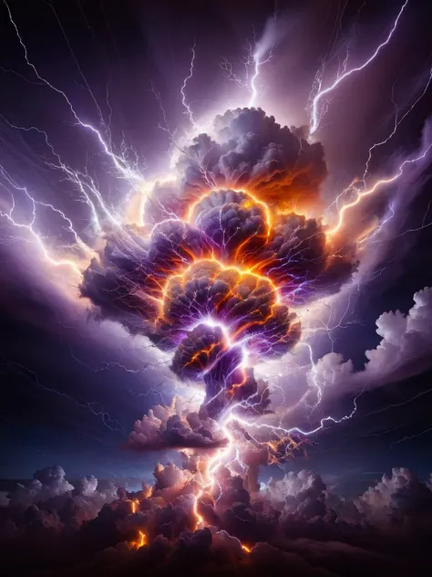 a large cloud with lightning and a large mushroom cloud