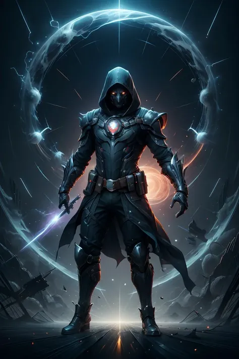 full body shot portrait, solo, (full body:0.6), looking up, detailed background, detailed face, warp, scifi, excessive energy, ulblackholetech theme:1.1), dark shadow-assassin, hidden truth, corruptor, ral-elctryzt outfit, ral-elctryzt hood, dark brown ral...