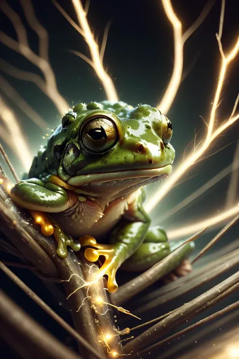 (45 degree angle closeup macro photo shot:1.5), a beautiful frog, glowing lights, beautiful magical sparkles, vibrant whimsical colors lightning ral-elctryzt <lora:ral-elctryzt-sd15:1>