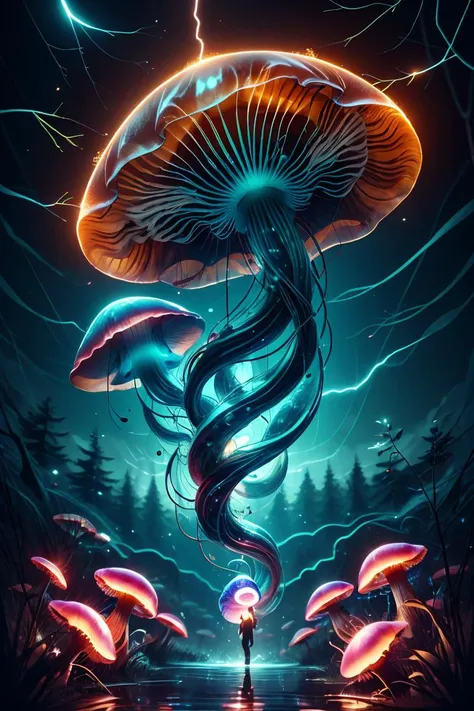 colorful slimey glowing jellyfish mushroom, nature, forest, outdoors, tree, walking, water, at night, bright sky, lightning ral-elctryzt ,<lora:ral-elctryzt-sd15:1>,