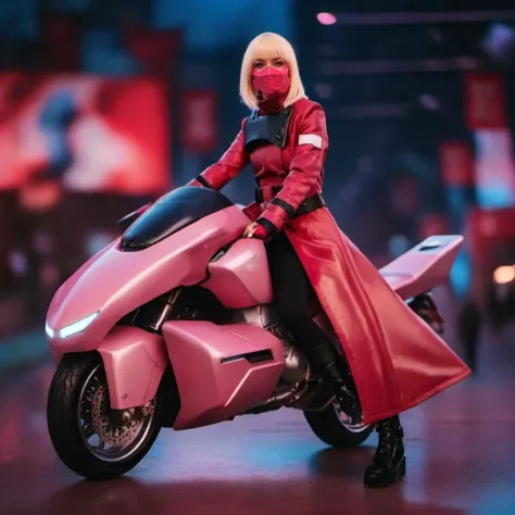 cinematic photo a full body woman with a pink mask in a red long coat and boots, smoking a cigaret, riding a futuristic motorbik...