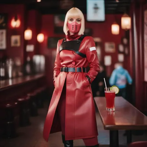 cinematic photo a full body woman with a pink mask in a red long coat and boots, having a cocktail with a straw in a pub <lora:k...