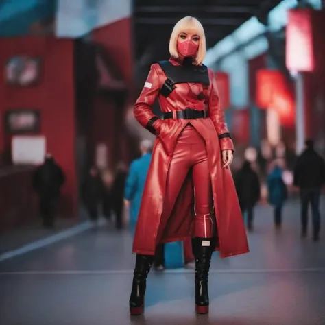 cinematic photo a full body woman with a pink mask in a red long coat and boots, smoking a cigaret, having a cocktail with a str...