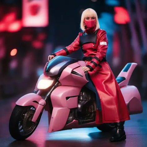 cinematic photo a full body woman with a pink mask in a red long coat and boots, smoking a cigaret, riding a futuristic motorbik...