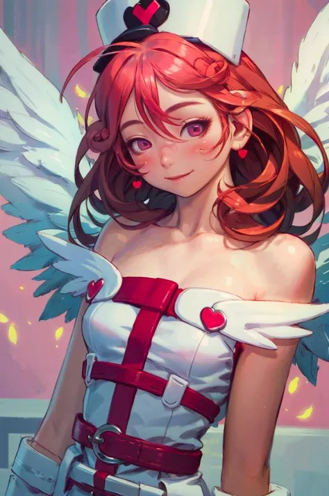 <lora:Injection_Fairy_Lily:0.8> injection fairy lily, pink eyes, angel wings, bare shoulders, belt, blush, collarbone, duel monster, gloves, hair between eyes, heart, long hair, nurse cap, smile, large syringe,   <lora:Range_murata_style_v02:0.8>, absurdre...