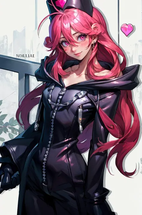 smile, <lora:Injection_Fairy_Lily:0.8> injection fairy lily, pink eyes, blush, duel monster, , hair between eyes, heart, long hair,   <lora:OrganizationXIIICoat:1> Organization XIII Coat, hood down,, absurdres, ultra detailed, masterpiece, best quality, ae...