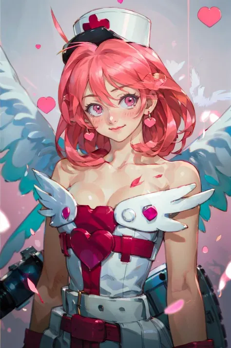 <lora:Injection_Fairy_Lily:0.8> injection fairy lily, pink eyes, angel wings, bare shoulders, belt, blush, collarbone, duel monster, gloves, hair between eyes, heart, long hair, nurse cap, smile, large syringe, <lora:NishiharaIsao:1> chromatic aberration,,...