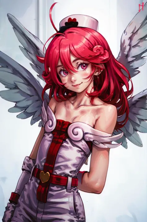 <lora:Injection_Fairy_Lily:0.8> injection fairy lily, pink eyes, angel wings, bare shoulders, belt, blush, collarbone, duel monster, gloves, hair between eyes, heart, long hair, nurse cap, smile, large syringe,  <lora:Focke_wulf_style_v02:1>, absurdres, ul...