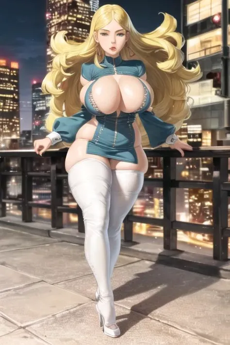 <lora:delta:0.8> , Delta, blonde hair, earrings, dress, (1girl:1.5), (solo:1.2), huge breasts, wide hips, (city:1.2), (white high heels:1.2), (thick lips:1.2), (revealing clothing:1.2),