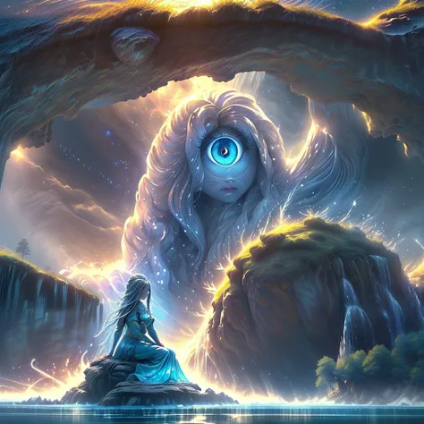 (masterpiece, best_quality, ultra-detailed, immaculate:1.3), epic, illustration, Magical floating islands with giant goddess watching over earth,1girl, solo, blue eyes, outdoors, sky, cloud, water, armor, glowing, colored skin, cloudy sky, staff, glowing e...