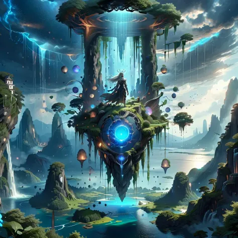 (masterpiece, best_quality, ultra-detailed, immaculate:1.3), epic, illustration, Magical floating islands with giant goddess watching over earth,1girl, solo, blue eyes, outdoors, sky, cloud, water, armor, glowing, colored skin, cloudy sky, staff, glowing e...