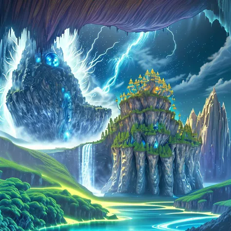 a painting of a waterfall with a waterfall in the middle