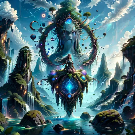 (masterpiece, best_quality, ultra-detailed, immaculate:1.3), epic, illustration, Magical floating islands with giant goddess watching over earth,1girl, solo, blue eyes, outdoors, sky, cloud, water, armor, glowing, colored skin, cloudy sky, staff, glowing e...