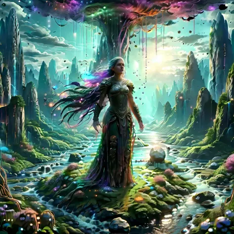 (masterpiece, best_quality, ultra-detailed, immaculate:1.3), epic, illustration, Magical floating islands with giant goddess watching over earth,1girl, solo, blue eyes, outdoors, sky, cloud, water, armor, glowing, colored skin, cloudy sky, staff, glowing e...