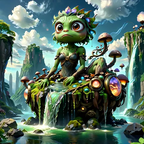 a close up of a cartoon character sitting on a rock in a river