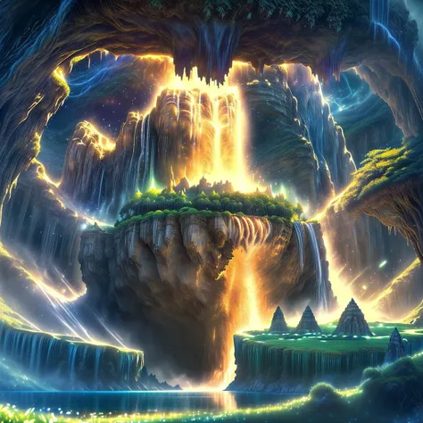 (masterpiece, best_quality, ultra-detailed, immaculate:1.3), epic, illustration, Magical floating islands with giant goddess watching over earth,1girl, solo, blue eyes, outdoors, sky, cloud, water, armor, glowing, colored skin, cloudy sky, staff, glowing e...