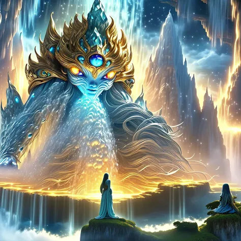 (masterpiece, best_quality, ultra-detailed, immaculate:1.3), epic, illustration, Magical floating islands with giant goddess watching over earth,1girl, solo, blue eyes, outdoors, sky, cloud, water, armor, glowing, colored skin, cloudy sky, staff, glowing e...