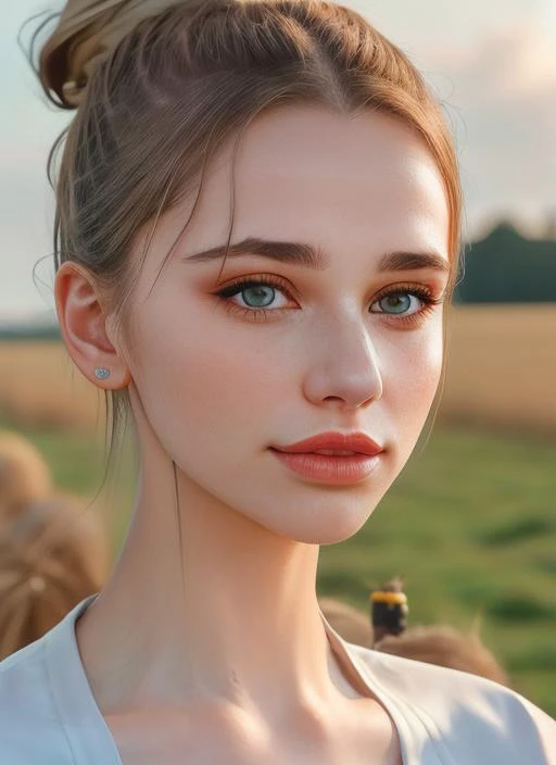 portrait of skswoman, :/ , wearing workwear , with Top knot , background corn maze epic (photo, studio lighting, hard light, sony a7, 50 mm, matte skin, pores, colors, hyperdetailed, hyperrealistic), <lyco:Zianra Nicolaevna Kudryasheva:1.2>