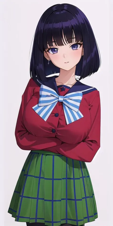 <lora:TomoeHotaruV3:0.6> tomoehotaru, huge_breasts, standing, solo, Mugen_School_Uniform_Black_sailor_collar_Red_shirt_Green_skirt_Black_pantyhose_Blue_striped_bowtie, masterpiece, best quality, detailed face, detailed eyes, highres,