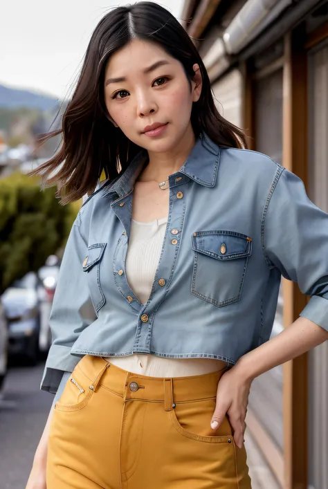 photo of (L1zz4DM01:0.99), a woman, RAW, close-up photo, (pin tuck shirt:1.3), (low waist tight jeans:1.2), (high detailed skin:1.2), (textured skin:1.1), 8k uhd, dslr, soft lighting, high quality, film grain, Fujifilm XT3 sharp focus, f 5.6