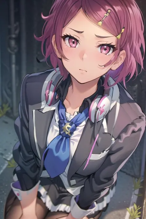 koitominase, <lyco:koitominase-lyco-nochekaiser:1>,
koito minase, (pink eyes:1.5), pink hair, short hair, swept bangs,
BREAK black shirt, blue necktie, brown pantyhose, buttons, collared shirt, dress shirt, hair ornament, hairclip, headphones, headphones a...