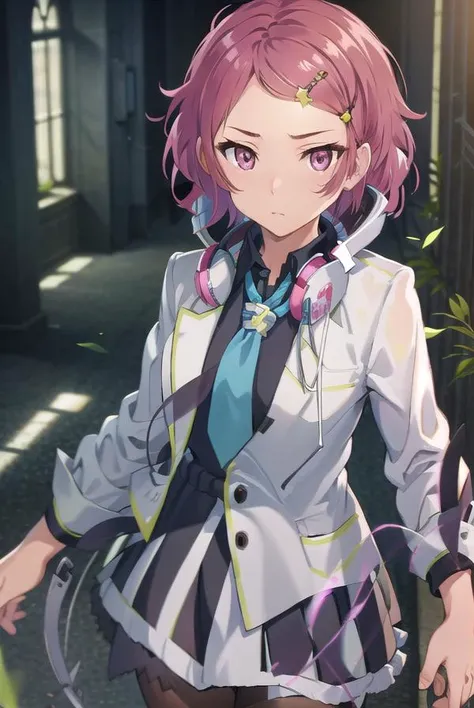 koitominase, <lyco:koitominase-lyco-nochekaiser:1>,
koito minase, (pink eyes:1.5), pink hair, short hair, swept bangs,
BREAK black shirt, blue necktie, brown pantyhose, buttons, collared shirt, dress shirt, hair ornament, hairclip, headphones, headphones a...