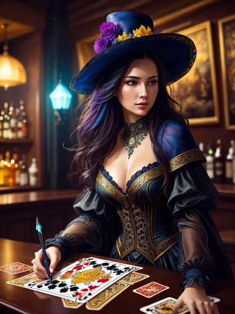 professional photograhpy, enchanting photo of a woman, detailed faces, in a bar, masterful playing card border, random Colorful art, oil painting, blue yellow colors, light purple and violet additions, light red additions, intricate detail, splash screen, ...