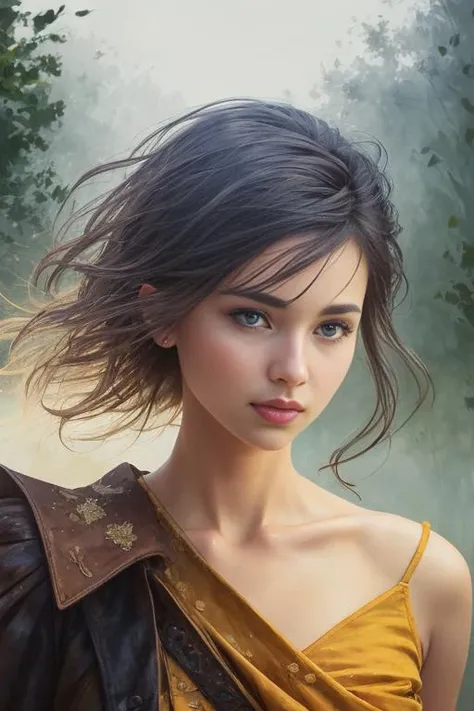 Colorful beautiful girl: a giru 28-years old, messy hair, oil painting, nice perfect face with soft skinice perfect face, blue yellow colors, light purple and violet additions, light red additions, intricate detail, splash screen, 8k resolution, masterpiec...