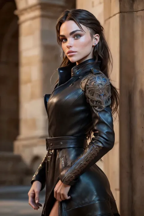 photo of S108_KaylaDavies, a beautiful woman, in a (fortress:1.1), wearing a (leather-coat:1.1), (8k, RAW photo, best quality, depth of field, ultra high res:1.2), (absurdres, intricate, photorealistic, masterpiece, ultra-detailed, Unreal Engine:1.3)