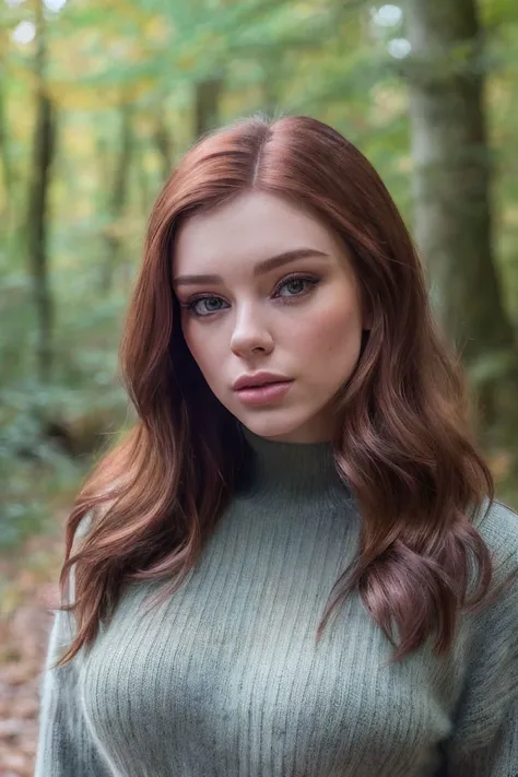 photo of S203_AleksandraGirskaya,a stylish woman,in a (forest:1.1),wearing a (sweater:1.1) and (dark-jeans),(8k, RAW photo, best quality, depth of field, ultra high res:1.2),(absurdres, intricate, photorealistic, masterpiece, ultra-detailed:1.3),