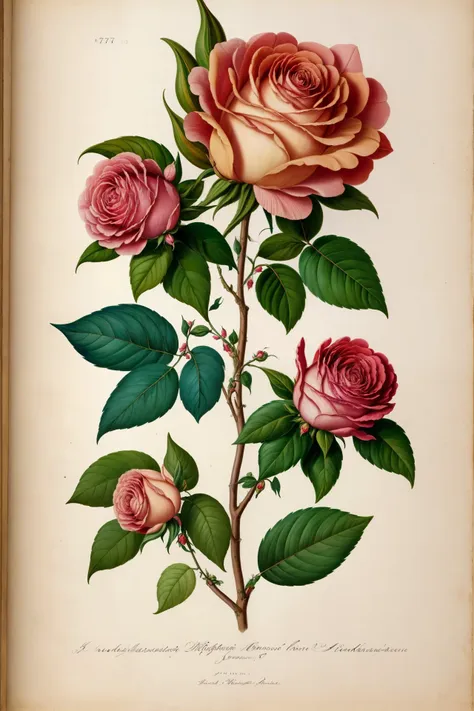 (best quality:1.2), (detailed:1.2), (masterpiece:1.2), vintage botanical illustrations of larger provence rose (1770 1775) in h...