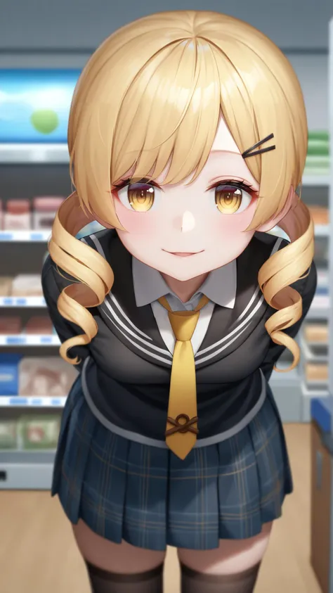 anime girl in school uniform standing in a store with a yellow tie