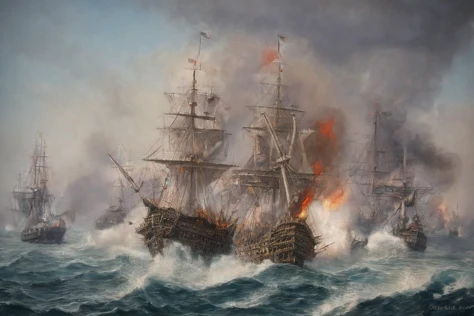 a painting of a large ship in the middle of a body of water