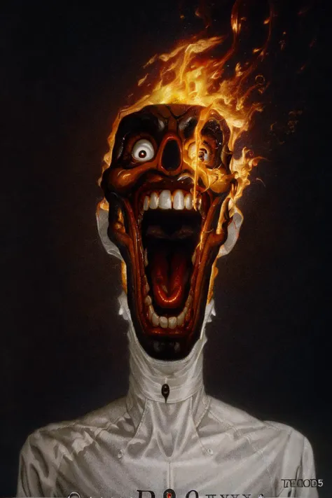 a close up of a person with a fire burning in his head