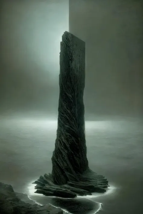 a tall rock sticking out of the water with a light shining on it